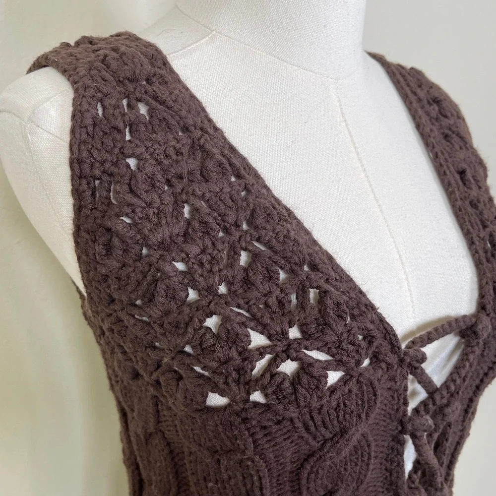 Vintage Nellik Crochet Lace Up Vest Women XS Brown Knit Floral Boho Festival Y2K